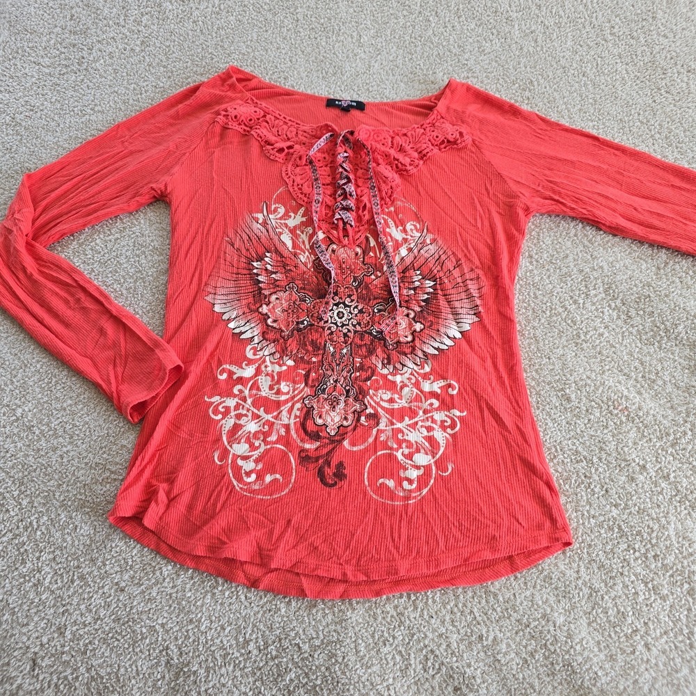 Ransom Long Sleeve Coral Top Winged Goth Design Y2K Lace Rhinestone Lacing L